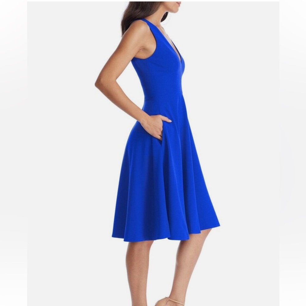 DRESS THE POPULATION Blue CATALINA Pocket FIT & FLARE Dress Size Small NWT - Picture 3 of 10